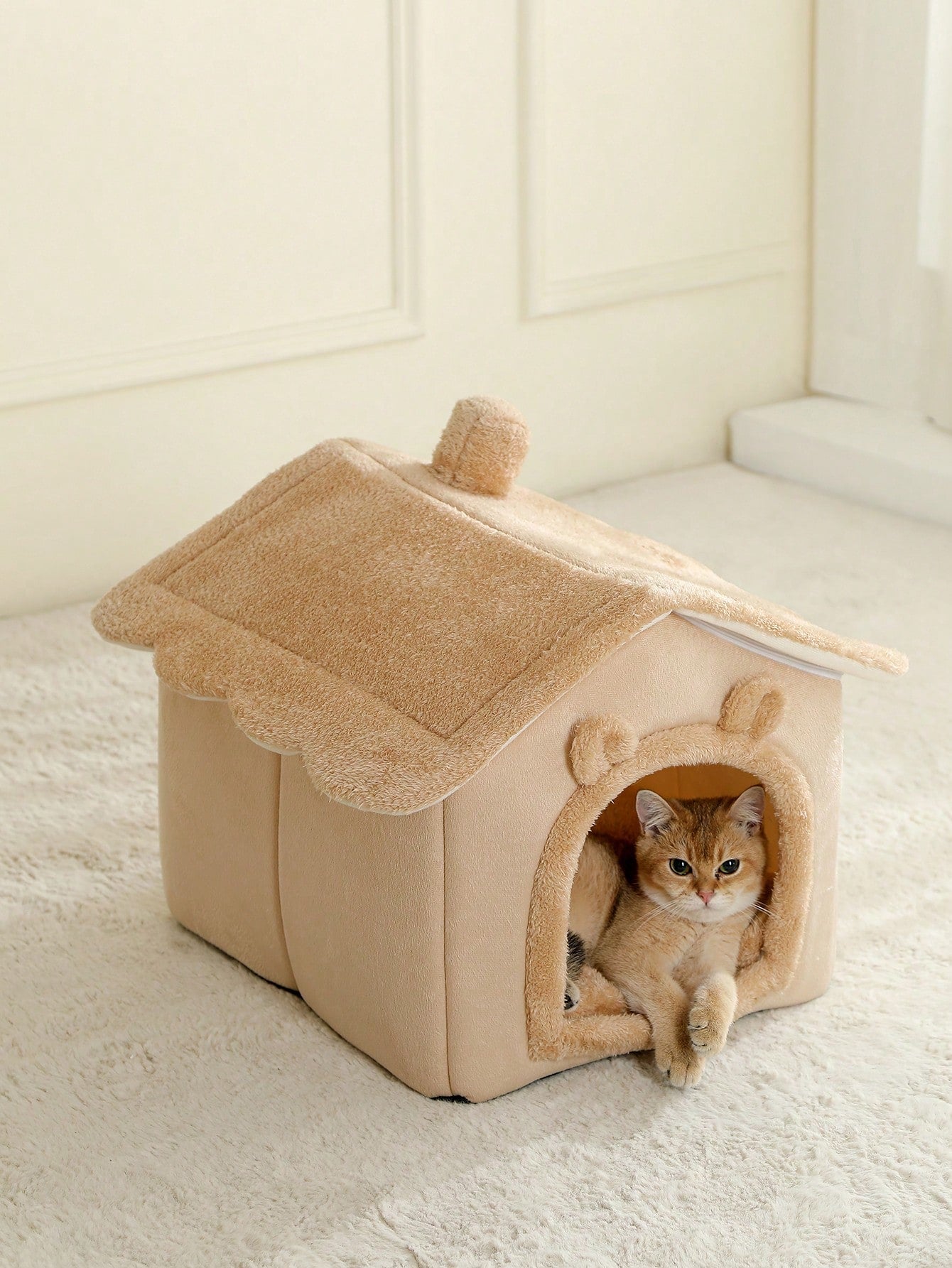 Brown breathable fabric cat house bed cushion and comfortable pet nest basket for cats and puppies