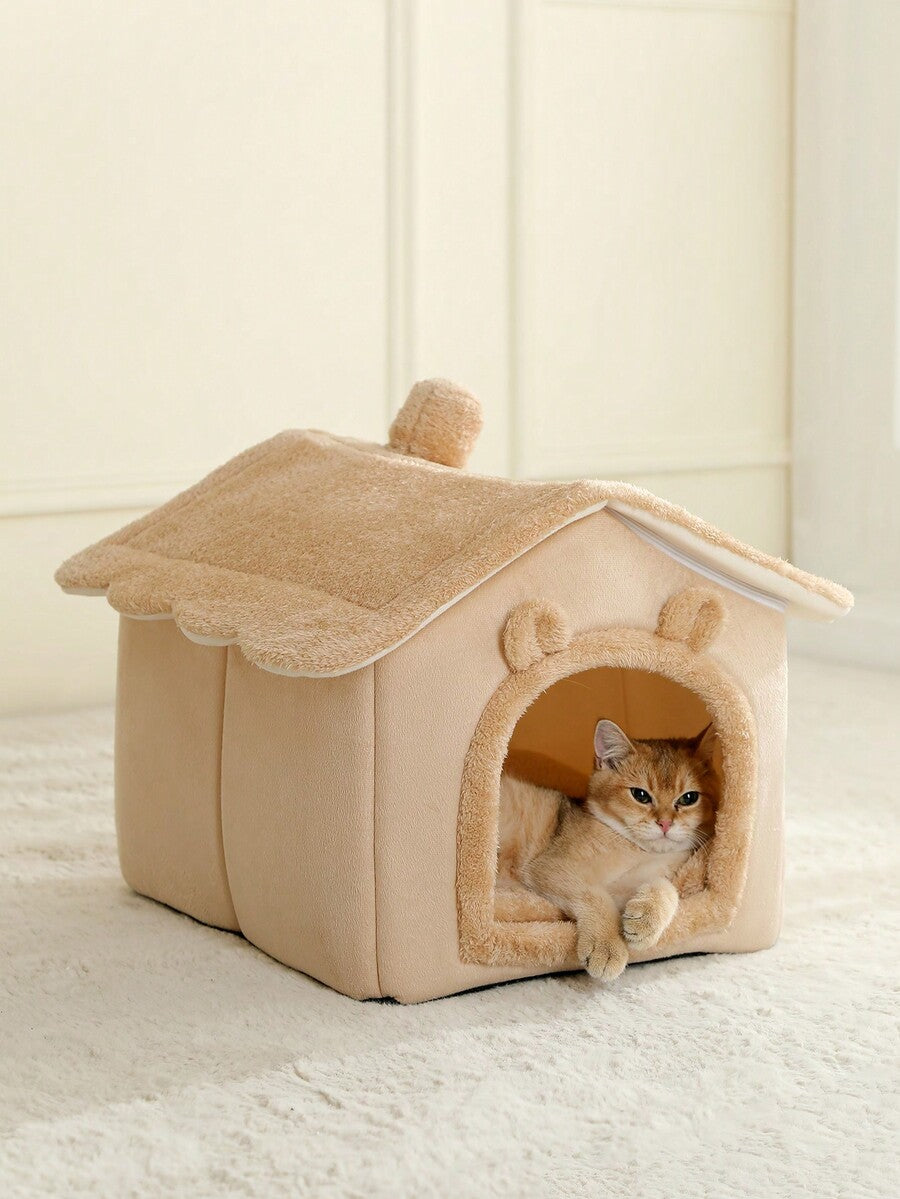 Brown breathable fabric cat house bed cushion and comfortable pet nest basket for cats and puppies
