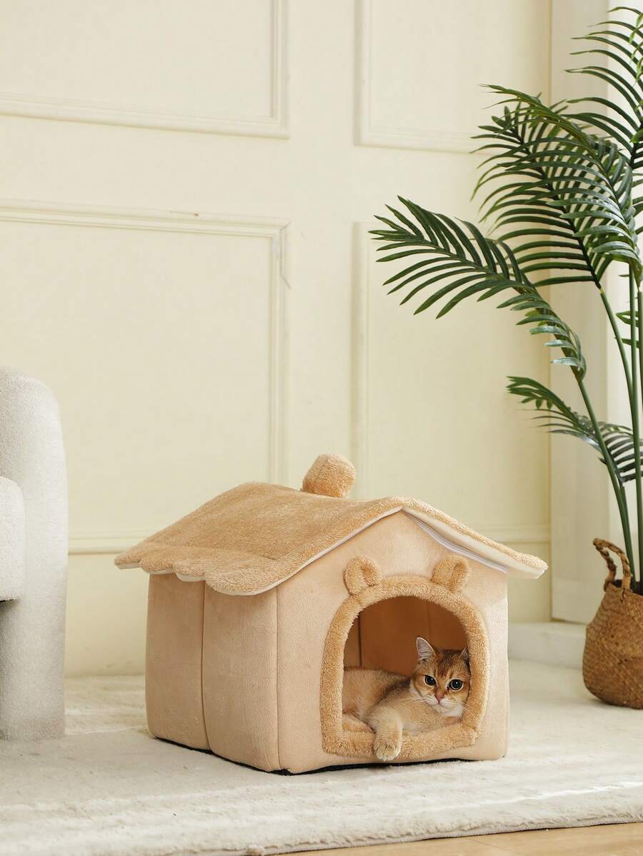 Brown breathable fabric cat house bed cushion and comfortable pet nest basket for cats and puppies