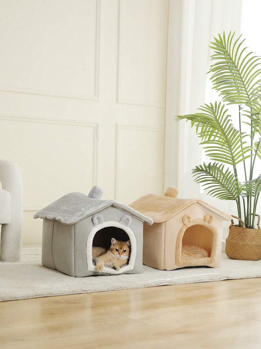 Brown breathable fabric cat house bed cushion and comfortable pet nest basket for cats and puppies