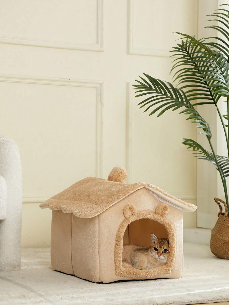Brown breathable fabric cat house bed cushion and comfortable pet nest basket for cats and puppies
