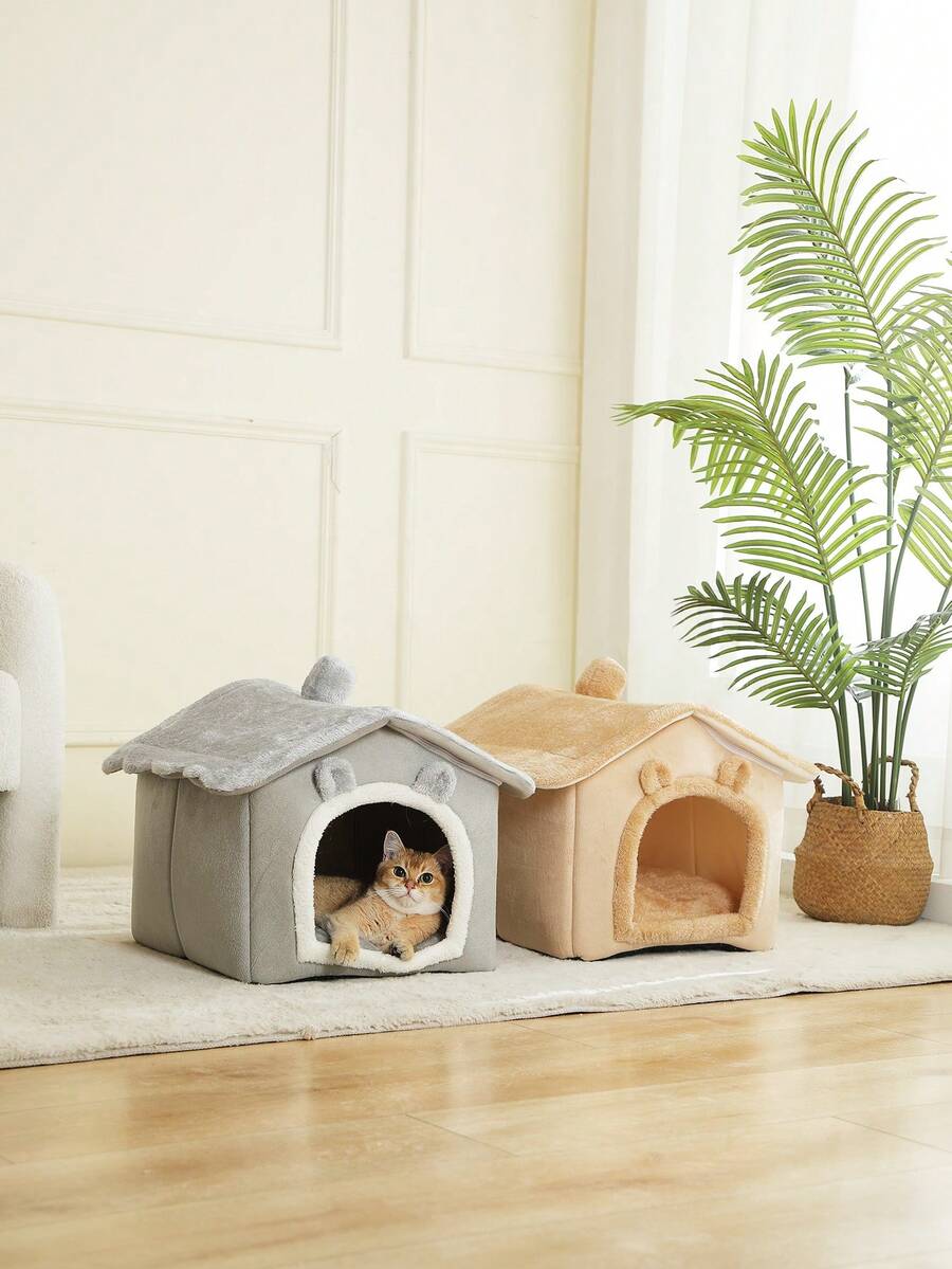 Brown breathable fabric cat house bed cushion and comfortable pet nest basket for cats and puppies