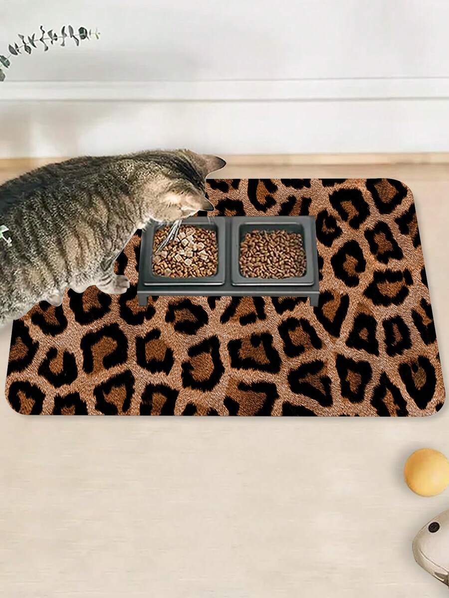Multicolor absorbent pet feeding mat with a printed design for dog and cat food and water bowls, featuring a non-slip rubber backing.