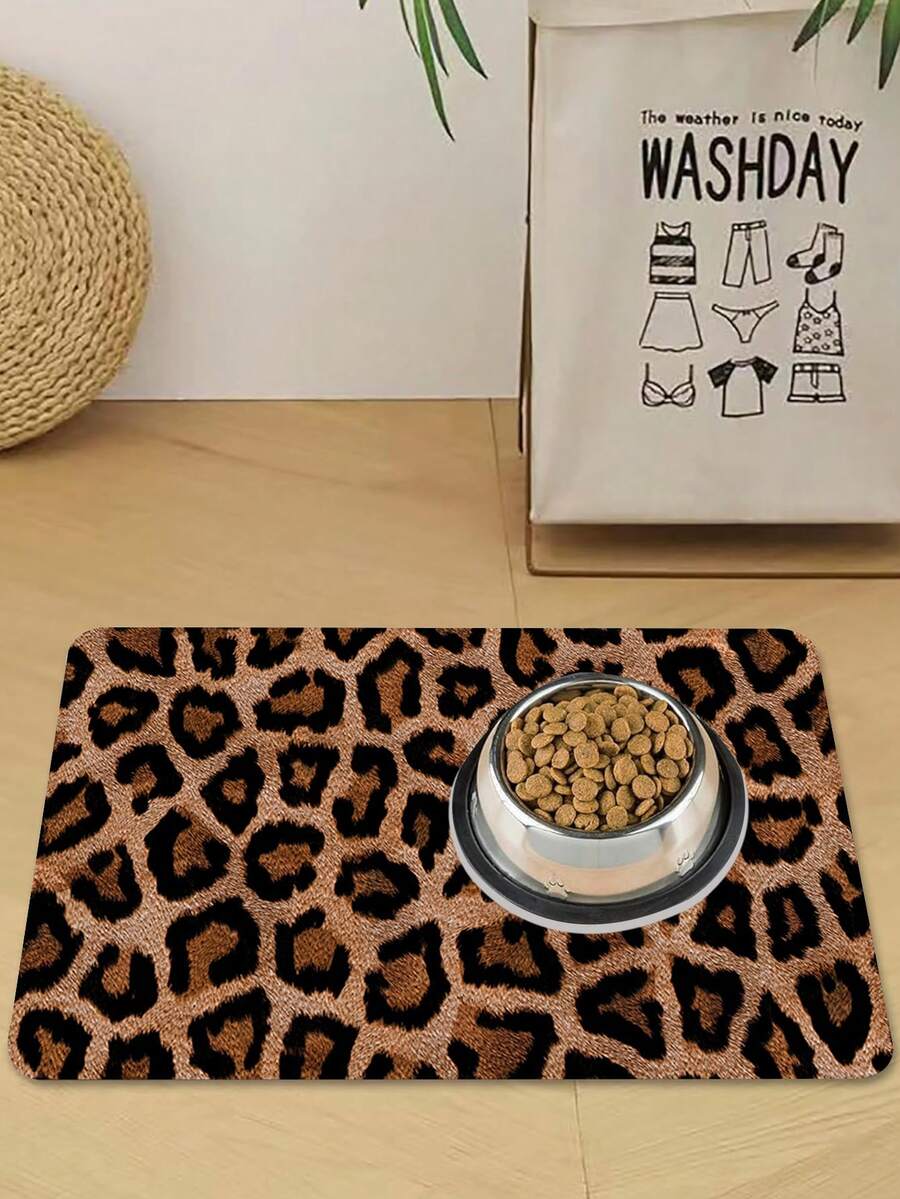 Multicolor absorbent pet feeding mat with a printed design for dog and cat food and water bowls, featuring a non-slip rubber backing.