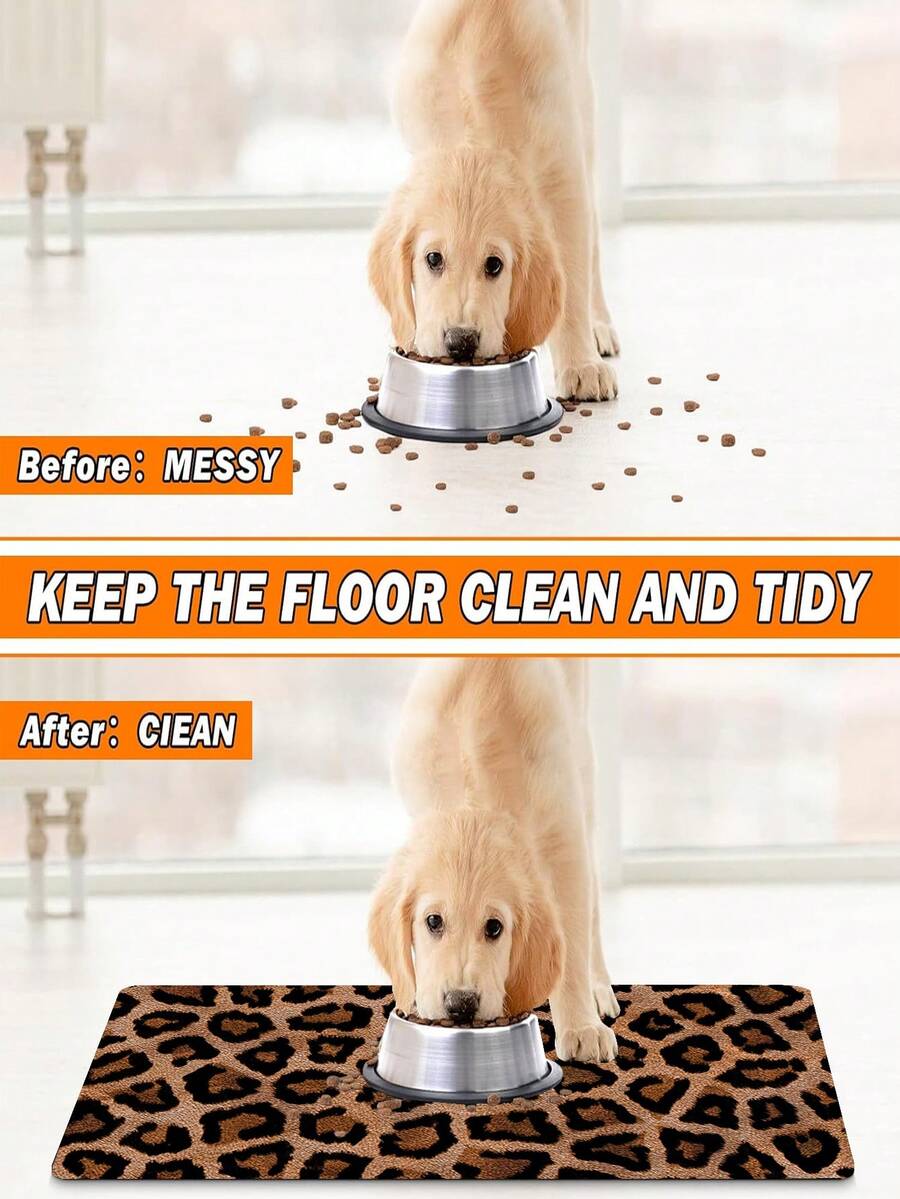 Multicolor absorbent pet feeding mat with a printed design for dog and cat food and water bowls, featuring a non-slip rubber backing.