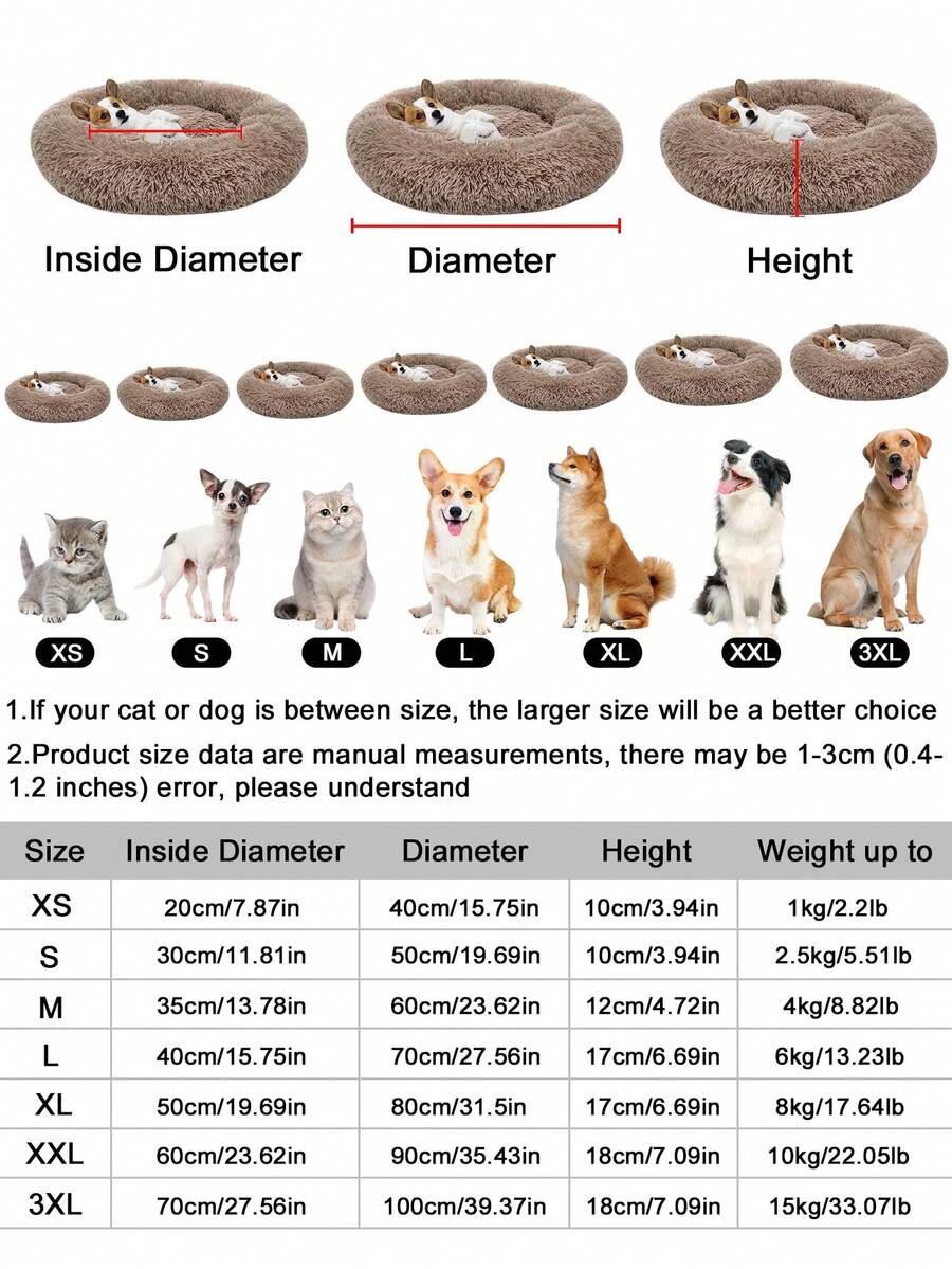 Khaki round plush pet bed for small to medium cats and dogs, soft machine washable non-detachable pet cushion.