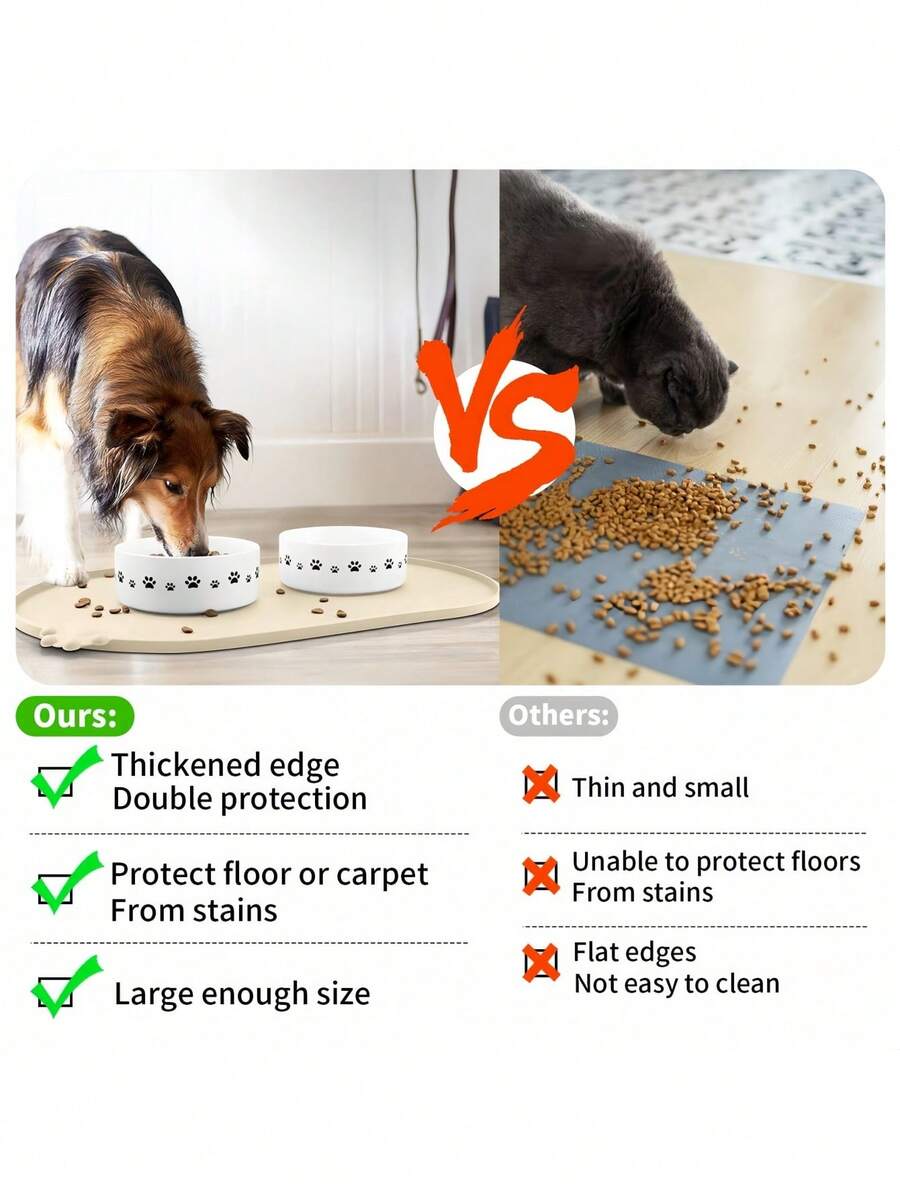 Black and white cartoon diatomite pet feeding mat placed under dog and cat food and water bowls to catch spills.