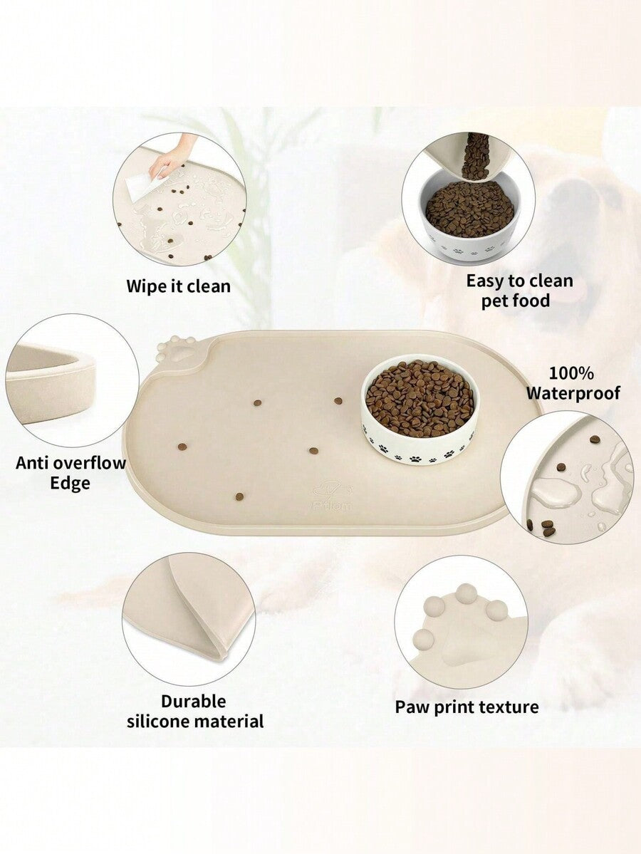 Black and white cartoon diatomite pet feeding mat placed under dog and cat food and water bowls to catch spills.