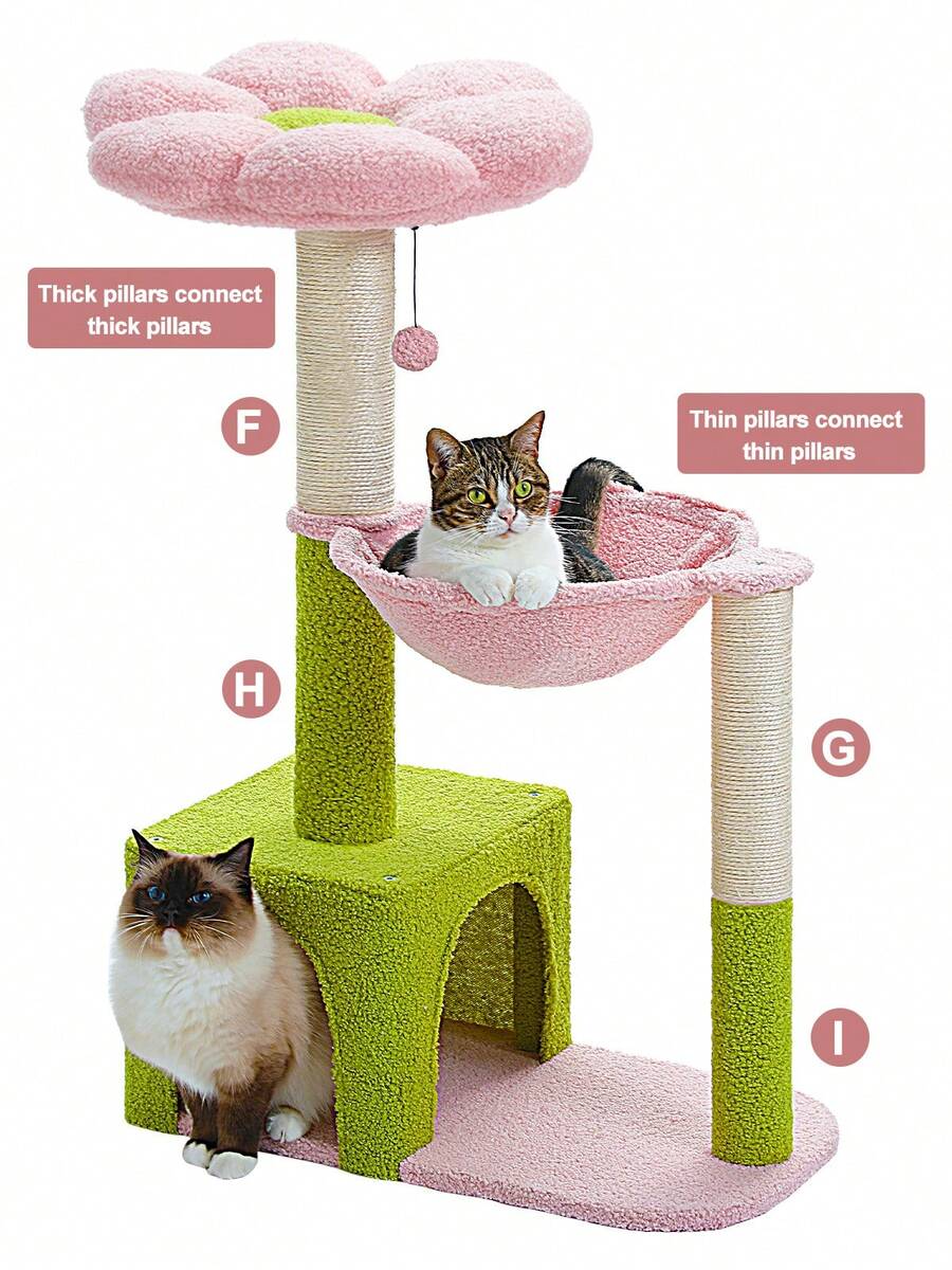 35-inch flower cat tree tower featuring a cozy metal frame hammock, spacious cat condo, and natural sisal scratching posts for indoor cats.