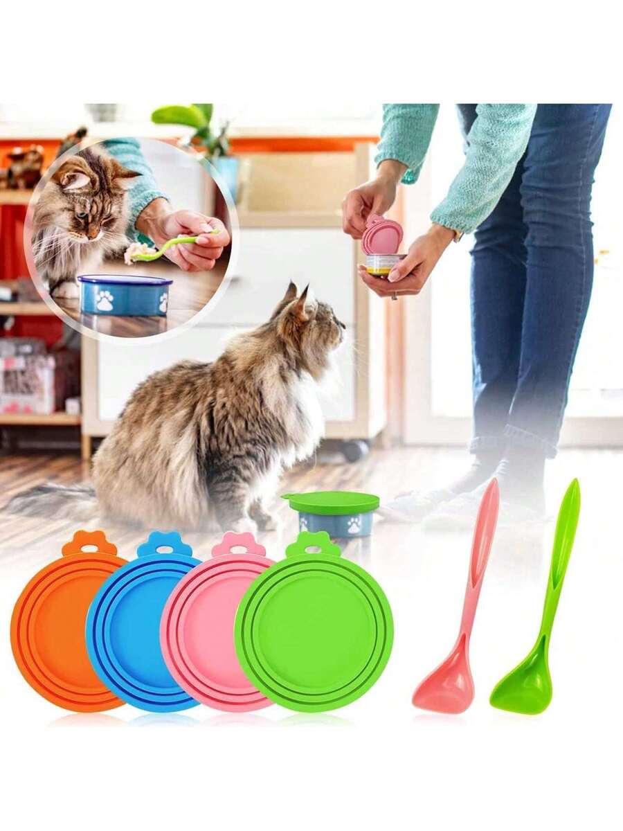 2 pieces of multicolor silicone pet food can lids with a spoon for dog and cat canned food