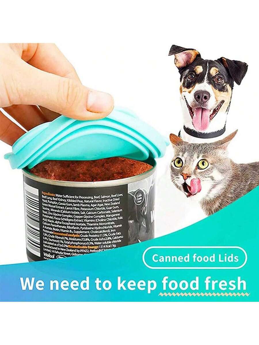 2 pieces of multicolor silicone pet food can lids with a spoon for dog and cat canned food