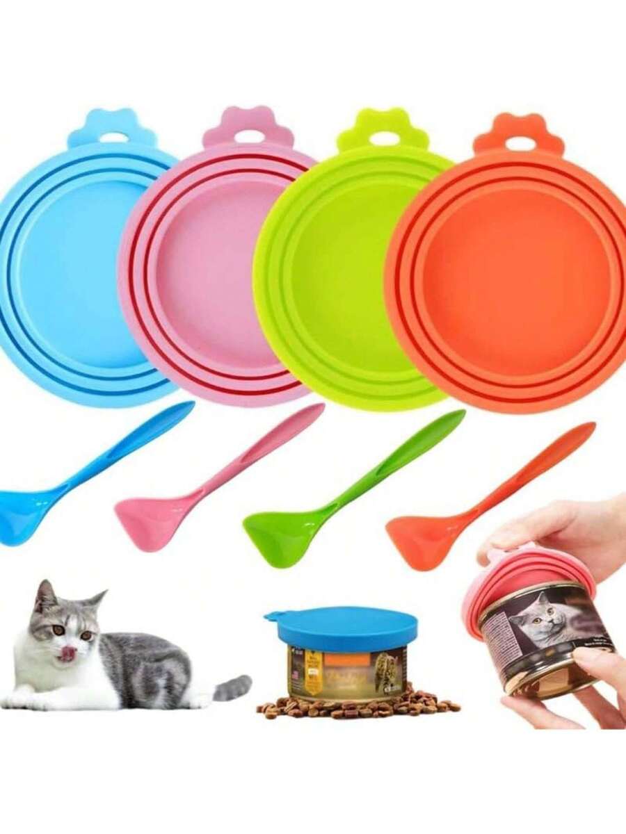 2 pieces of multicolor silicone pet food can lids with a spoon for dog and cat canned food