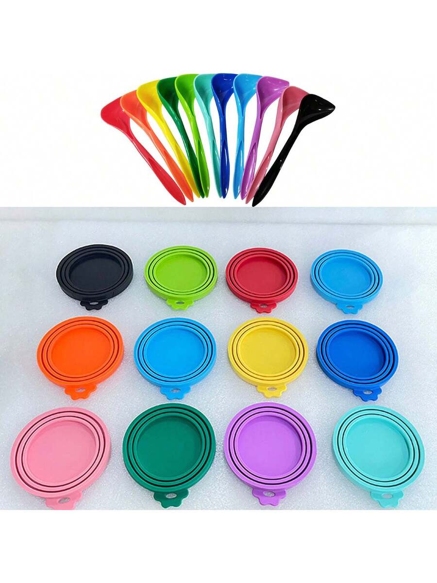 2 pieces of multicolor silicone pet food can lids with a spoon for dog and cat canned food