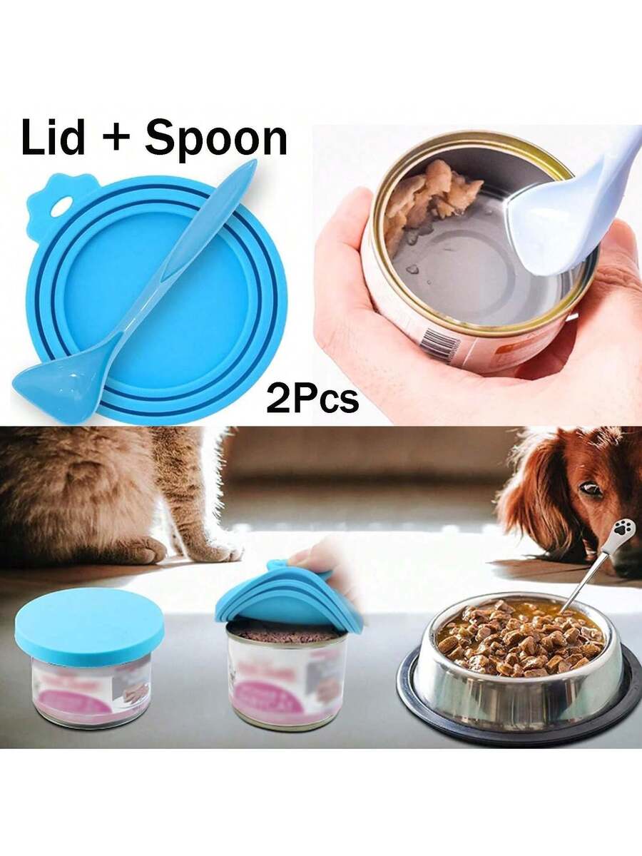 2 pieces of multicolor silicone pet food can lids with a spoon for dog and cat canned food