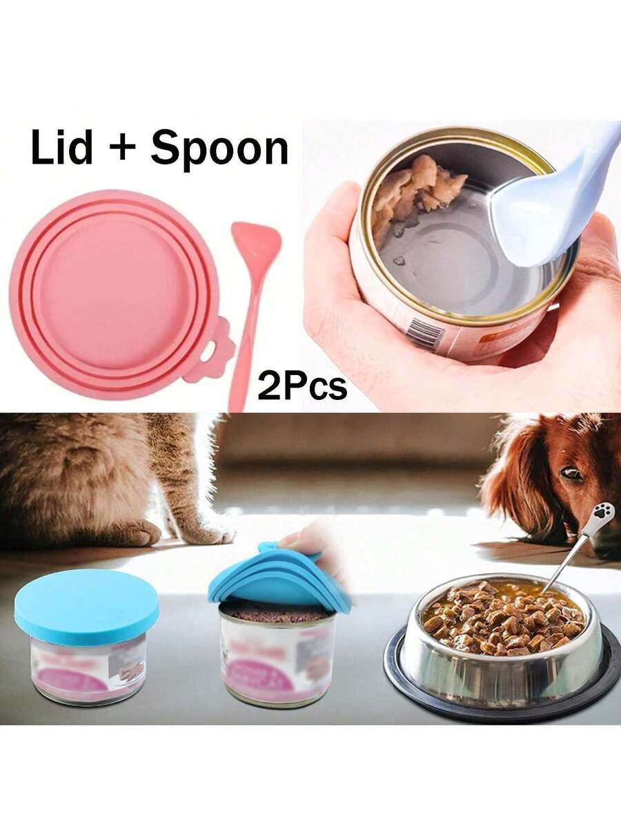2 pieces of multicolor silicone pet food can lids with a spoon for dog and cat canned food
