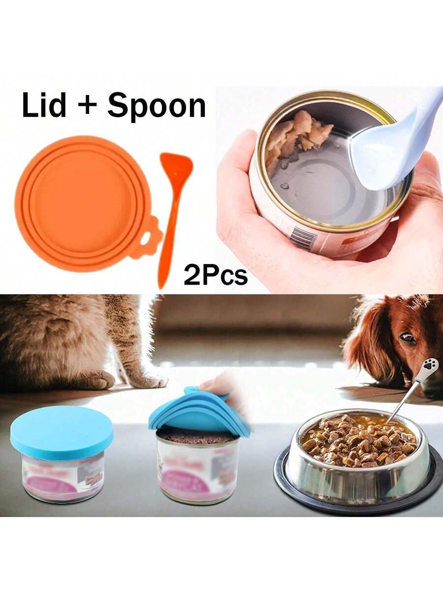 2 pieces of multicolor silicone pet food can lids with a spoon for dog and cat canned food