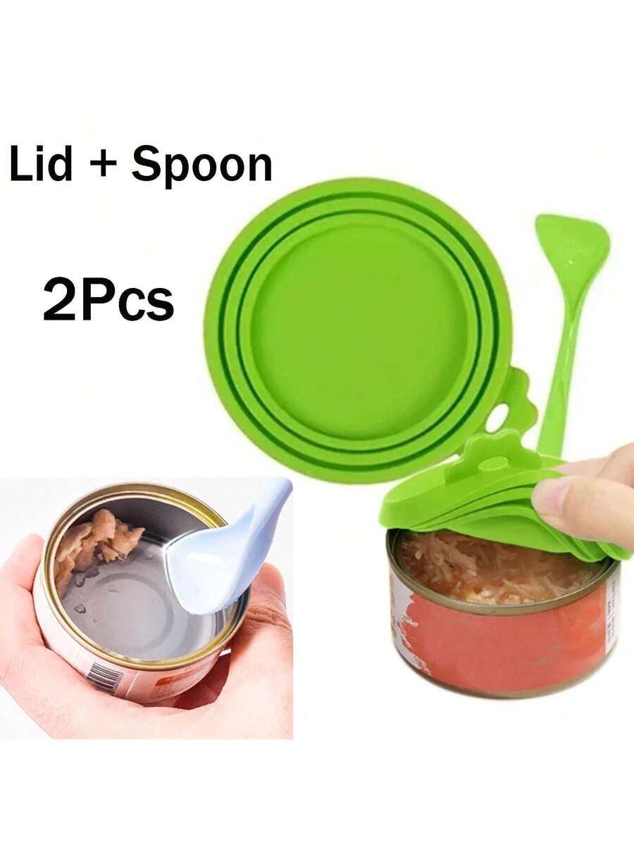 2 pieces of multicolor silicone pet food can lids with a spoon for dog and cat canned food