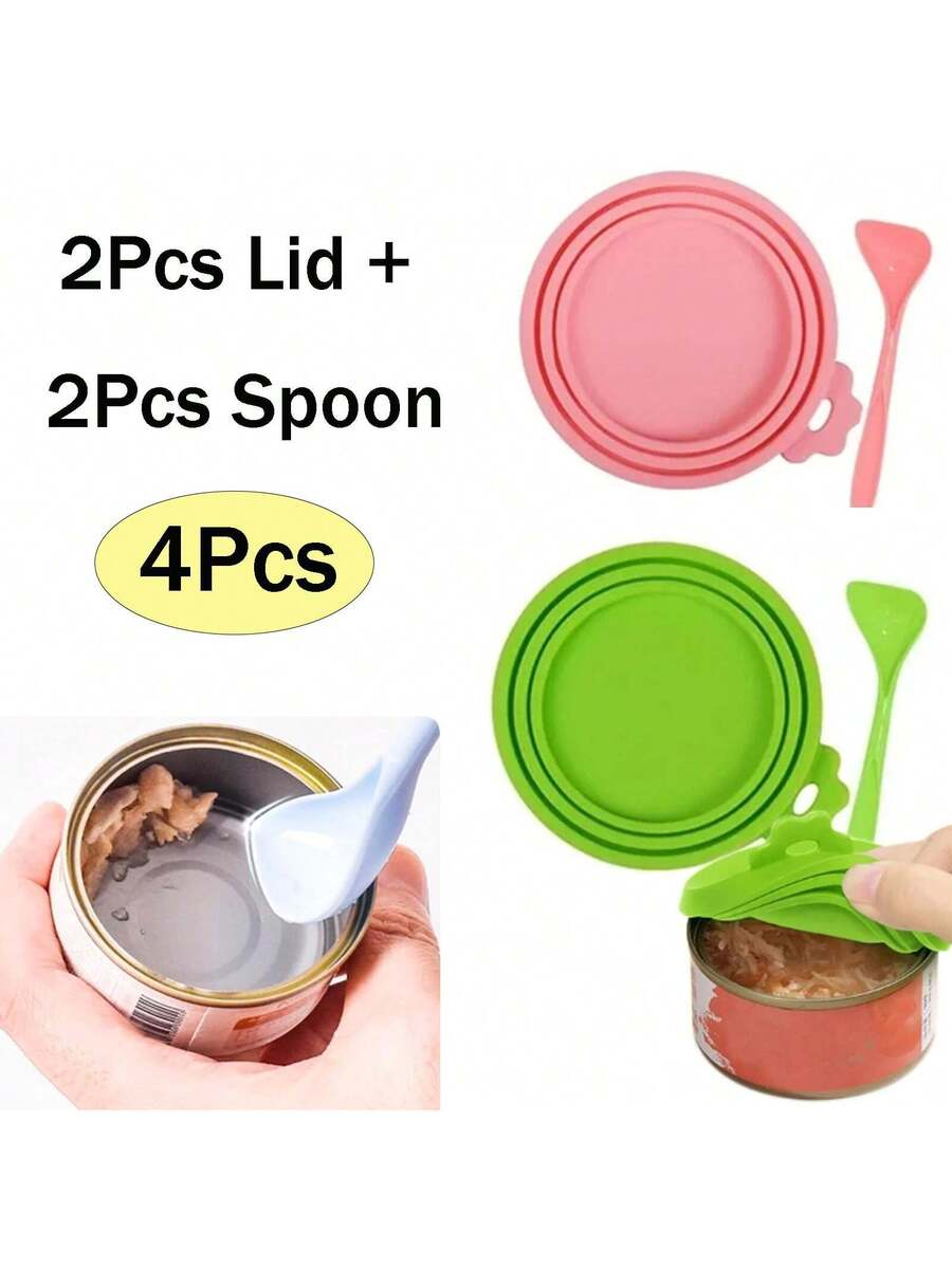 2 pieces of multicolor silicone pet food can lids with a spoon for dog and cat canned food
