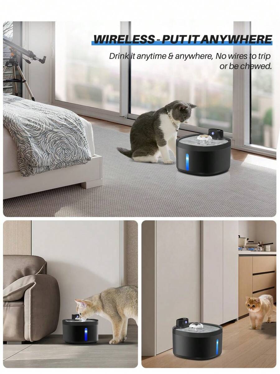 Wireless automatic cat water fountain with motion sensor dispenser, 2.6L capacity, rechargeable battery powered in multicolor ABS material.