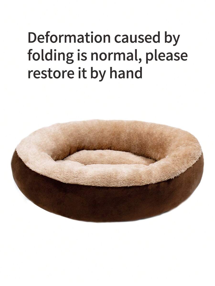 Khaki donut-shaped soft plush pet bed with non-slip bottom for cats and dogs