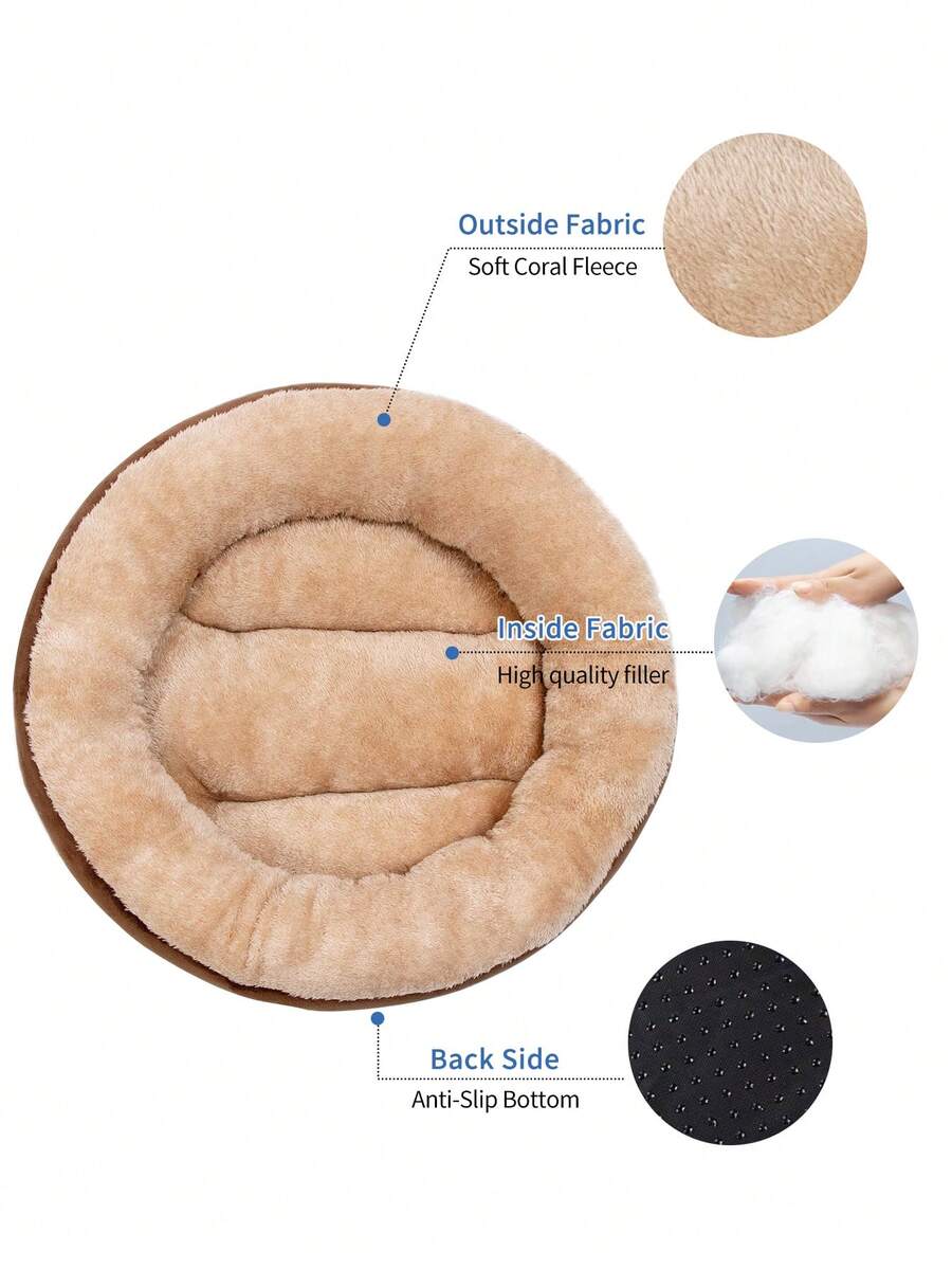Khaki donut-shaped soft plush pet bed with non-slip bottom for cats and dogs