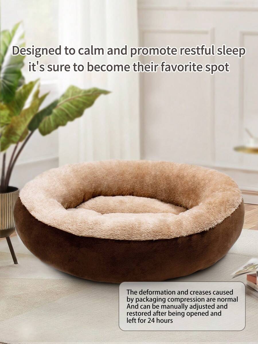 Khaki donut-shaped soft plush pet bed with non-slip bottom for cats and dogs