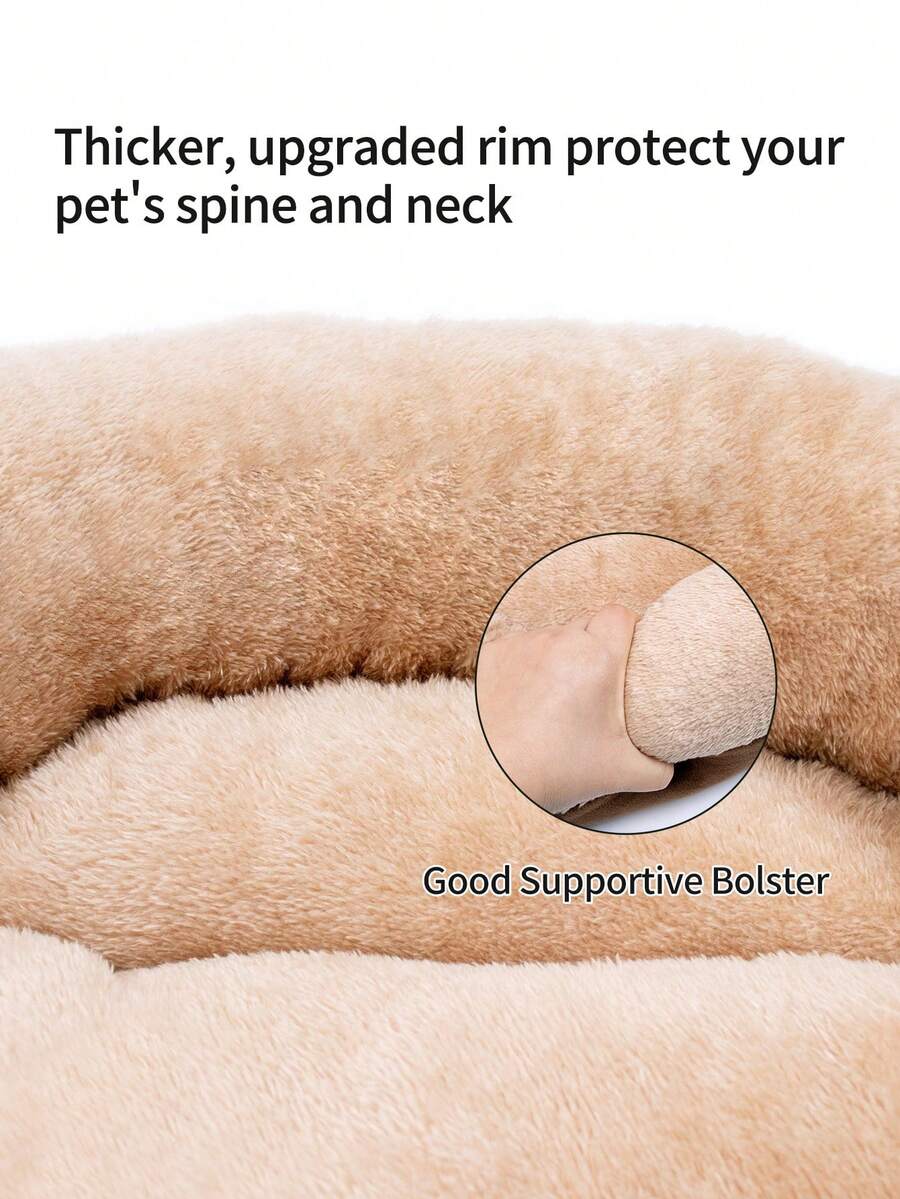 Khaki donut-shaped soft plush pet bed with non-slip bottom for cats and dogs