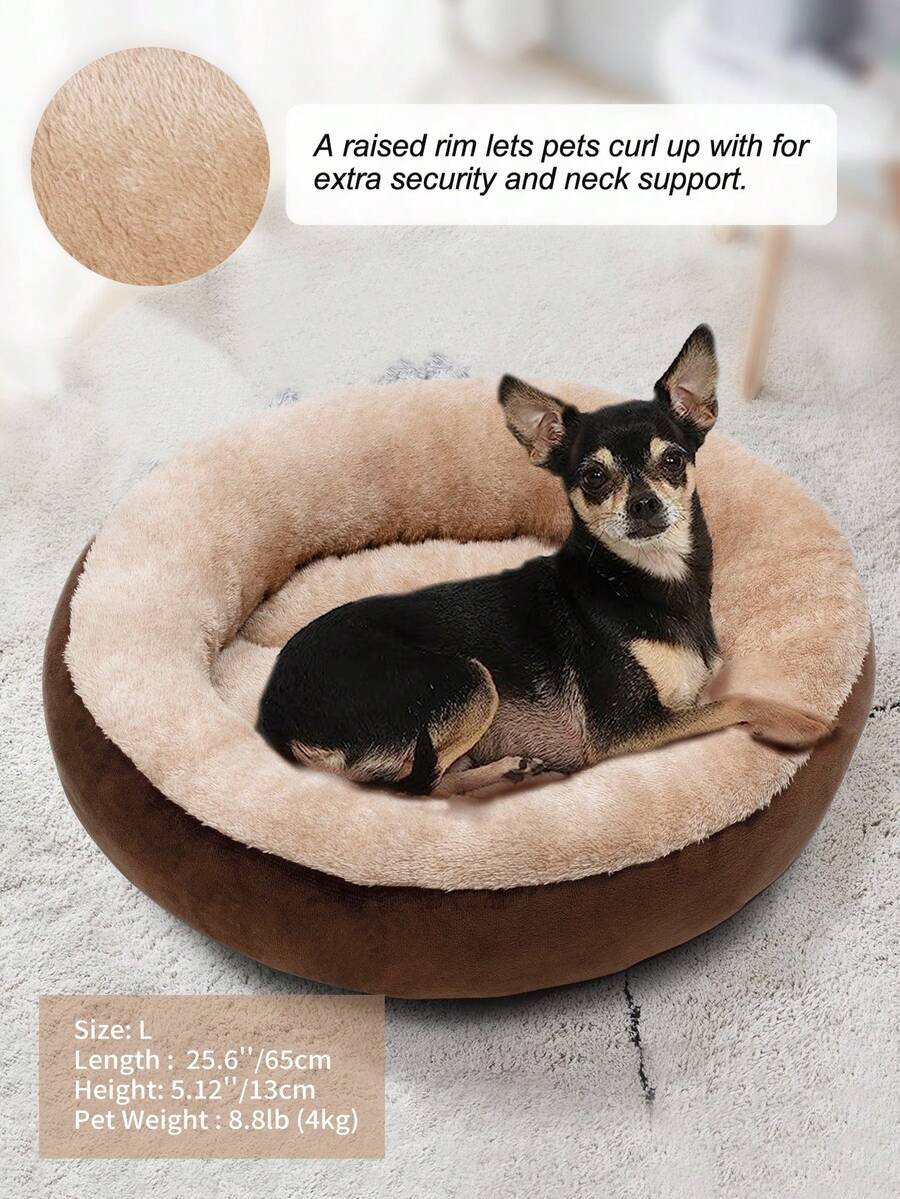 Khaki donut-shaped soft plush pet bed with non-slip bottom for cats and dogs