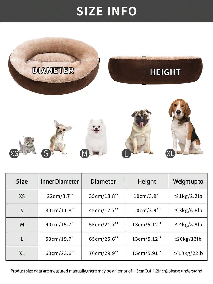 Khaki donut-shaped soft plush pet bed with non-slip bottom for cats and dogs