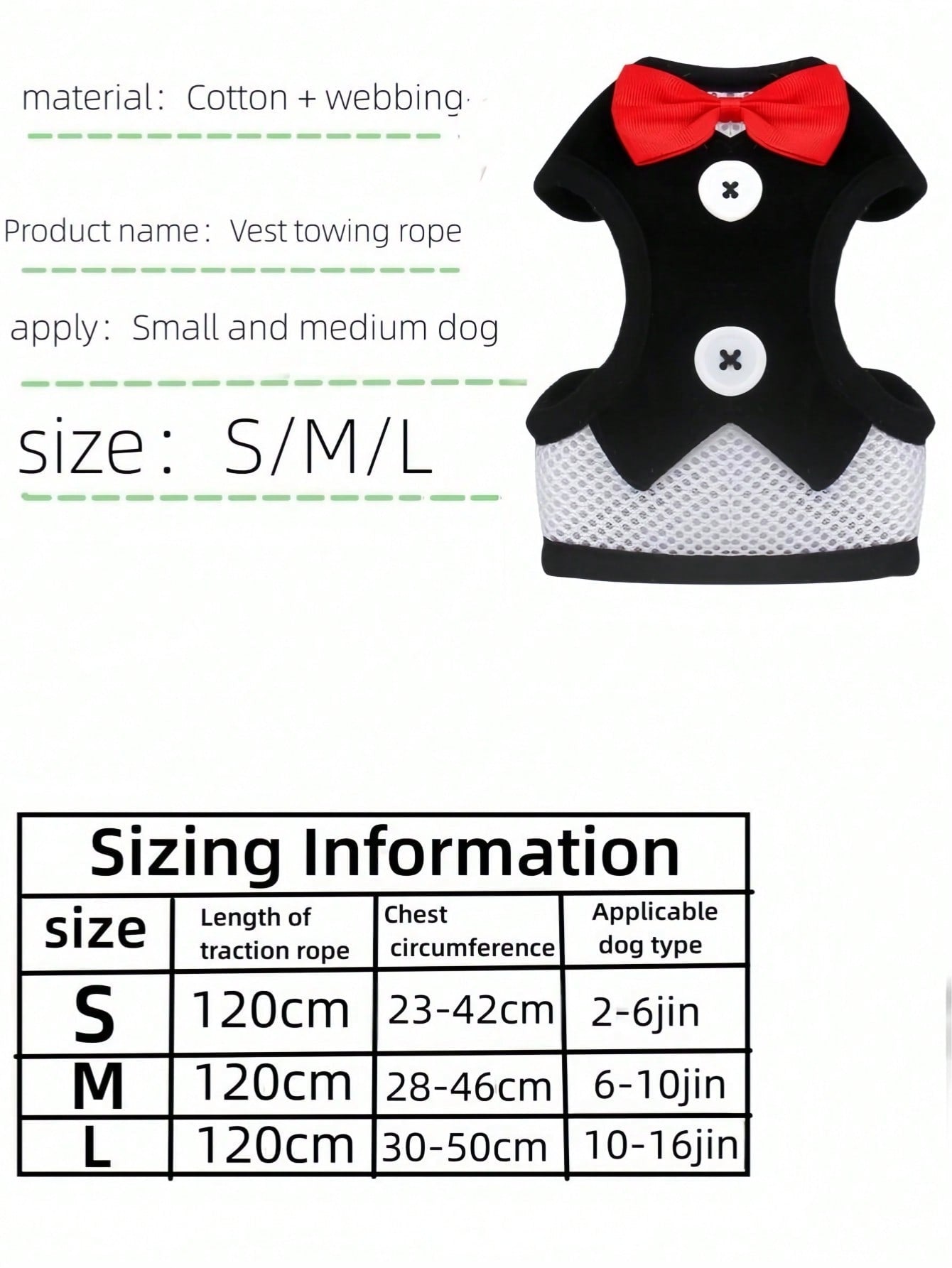 Black polyamide pet chest harness and back strap with leash for walking small and medium cats or dogs.