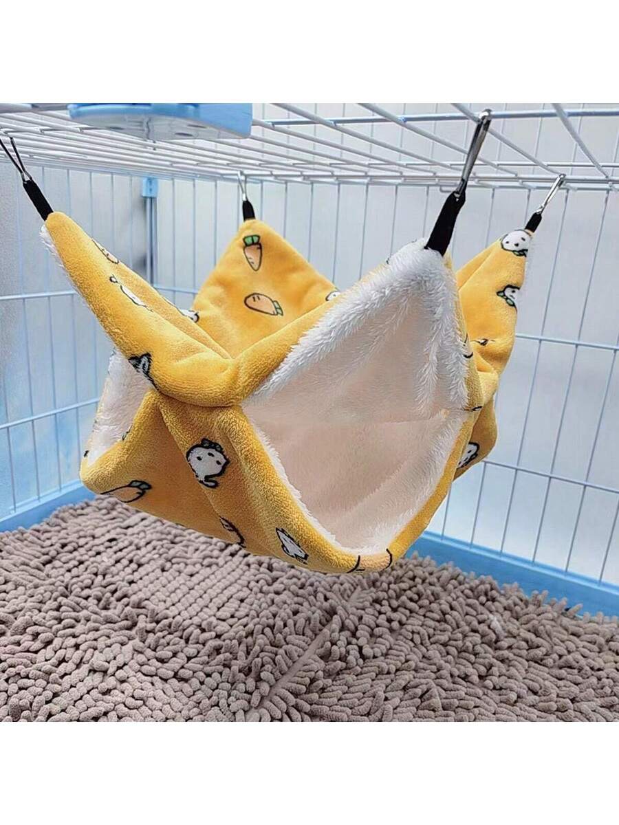 Multicolor soft coral fleece double-layer hanging bed sleeper with cartoon bear pattern for small animals.