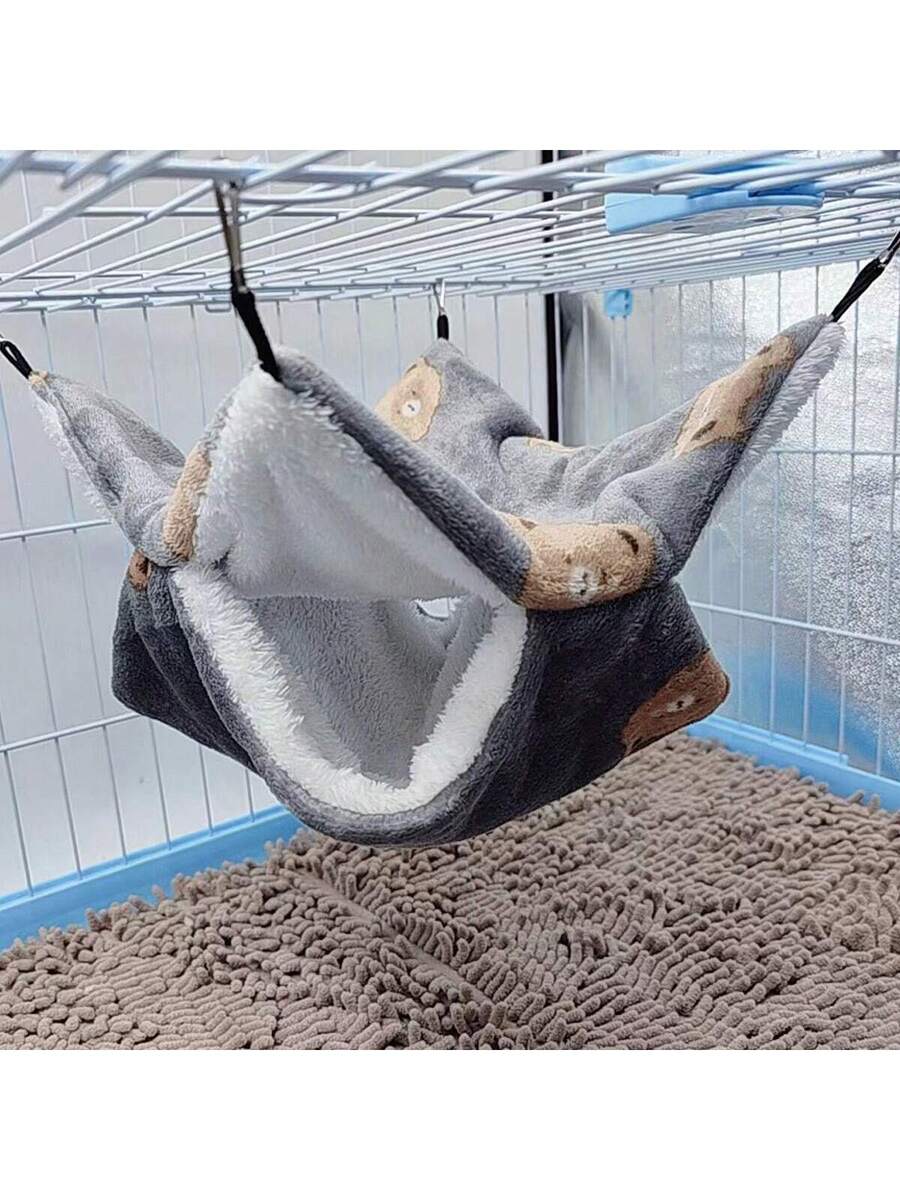 Multicolor soft coral fleece double-layer hanging bed sleeper with cartoon bear pattern for small animals.