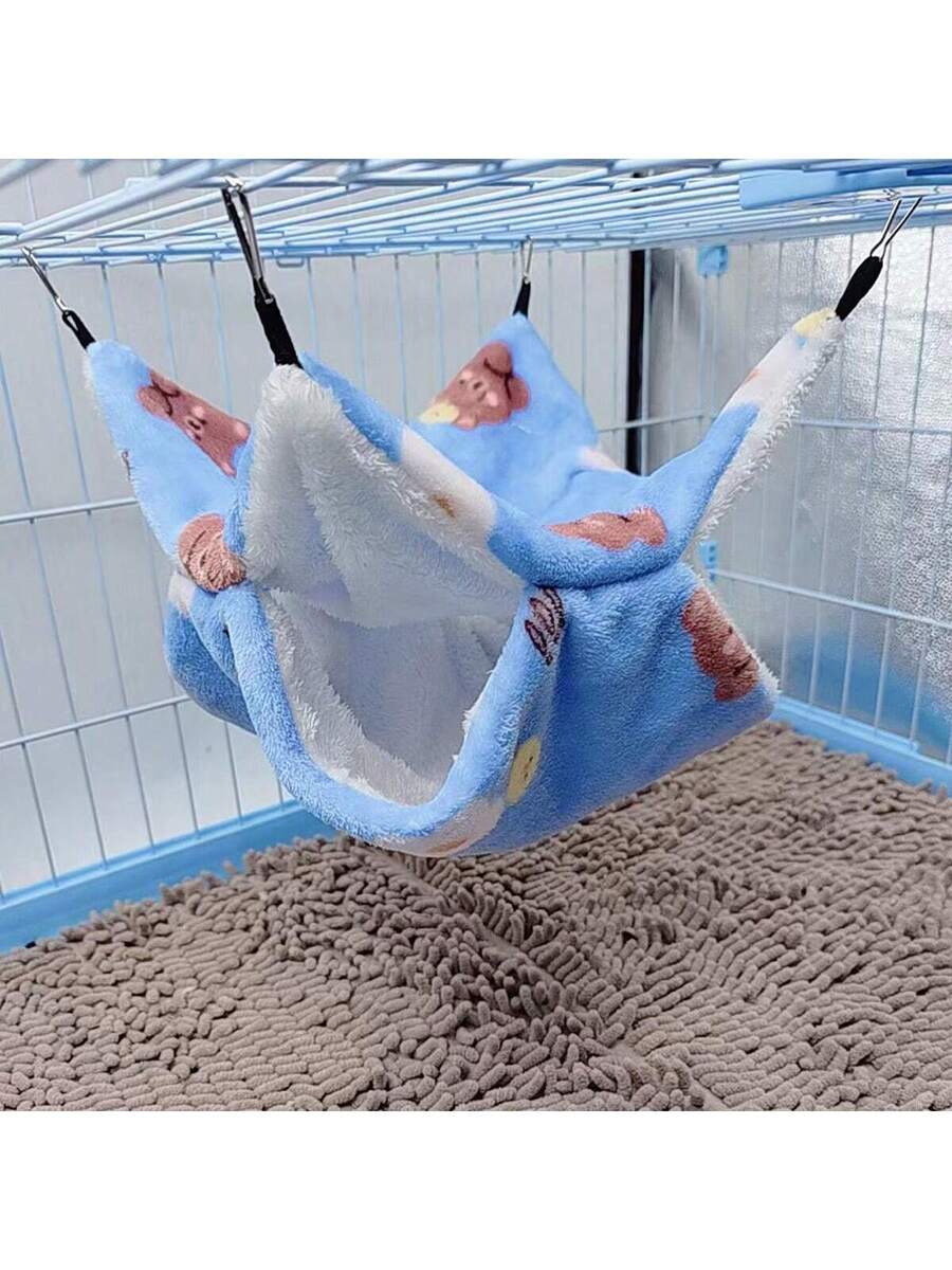 Multicolor soft coral fleece double-layer hanging bed sleeper with cartoon bear pattern for small animals.