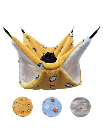 Multicolor soft coral fleece double-layer hanging bed sleeper with cartoon bear pattern for small animals.