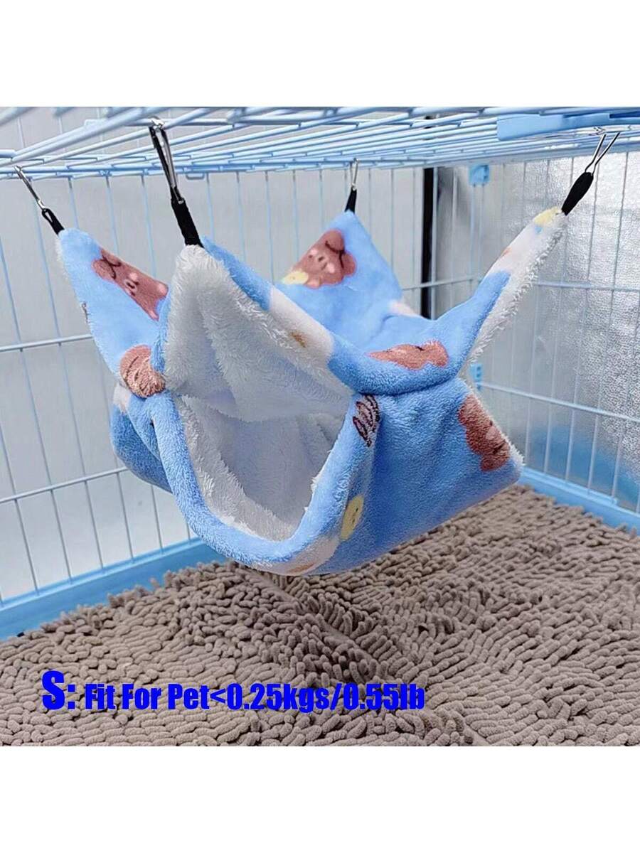 Multicolor soft coral fleece double-layer hanging bed sleeper with cartoon bear pattern for small animals.