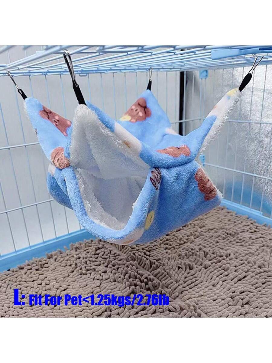 Multicolor soft coral fleece double-layer hanging bed sleeper with cartoon bear pattern for small animals.