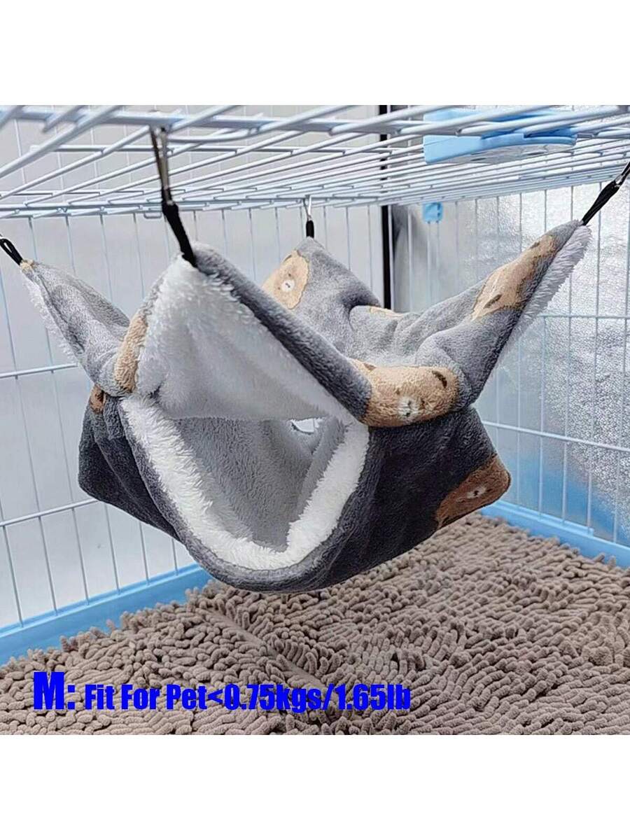 Multicolor soft coral fleece double-layer hanging bed sleeper with cartoon bear pattern for small animals.