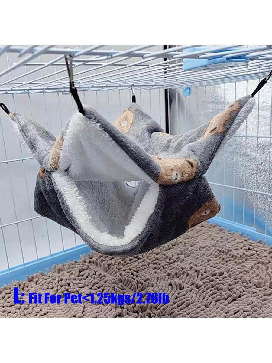Multicolor soft coral fleece double-layer hanging bed sleeper with cartoon bear pattern for small animals.