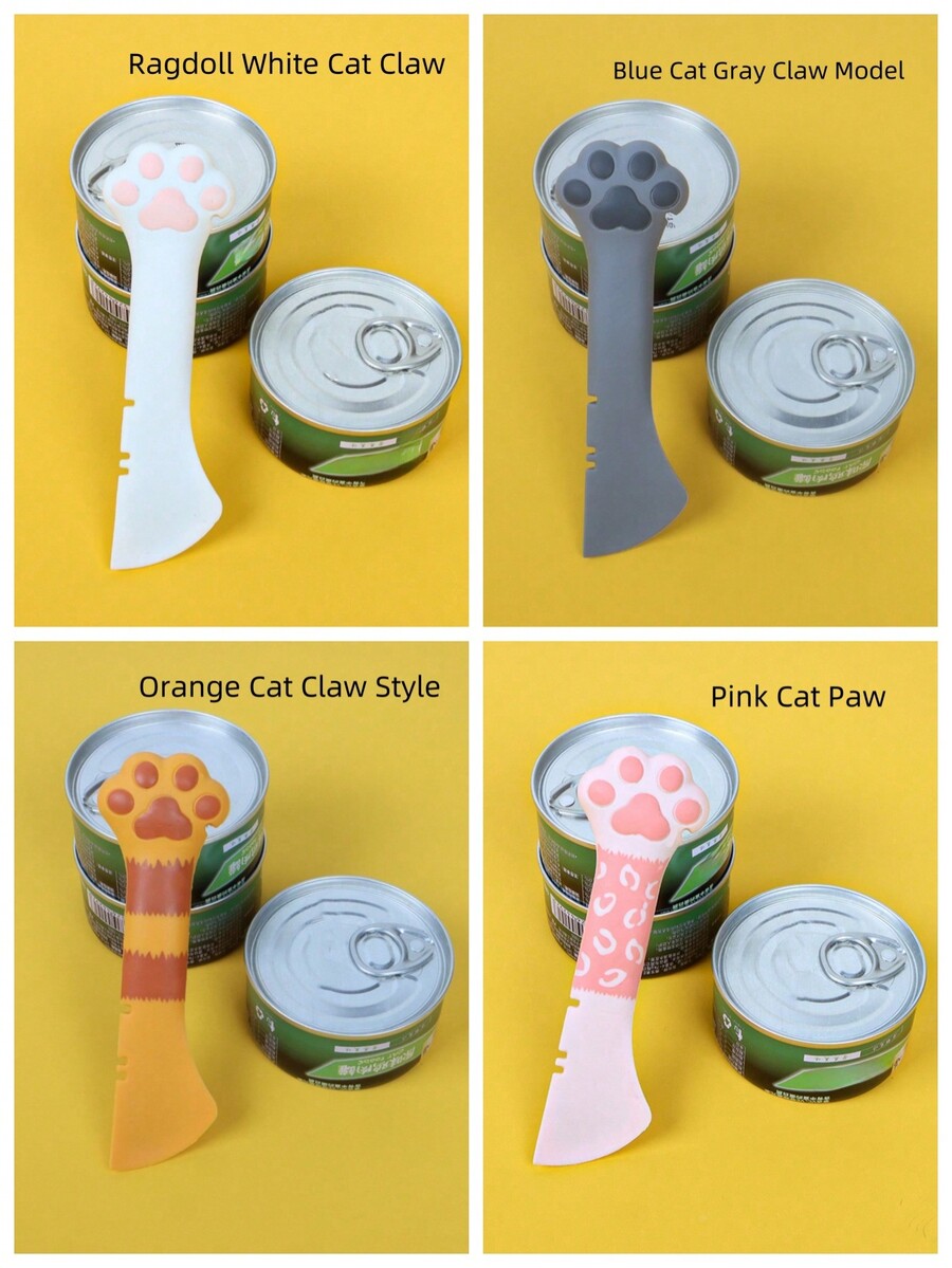 Multicolor cat paw shaped silicone pet can spoon and opener tool for feeding cats, dogs, and small animals.