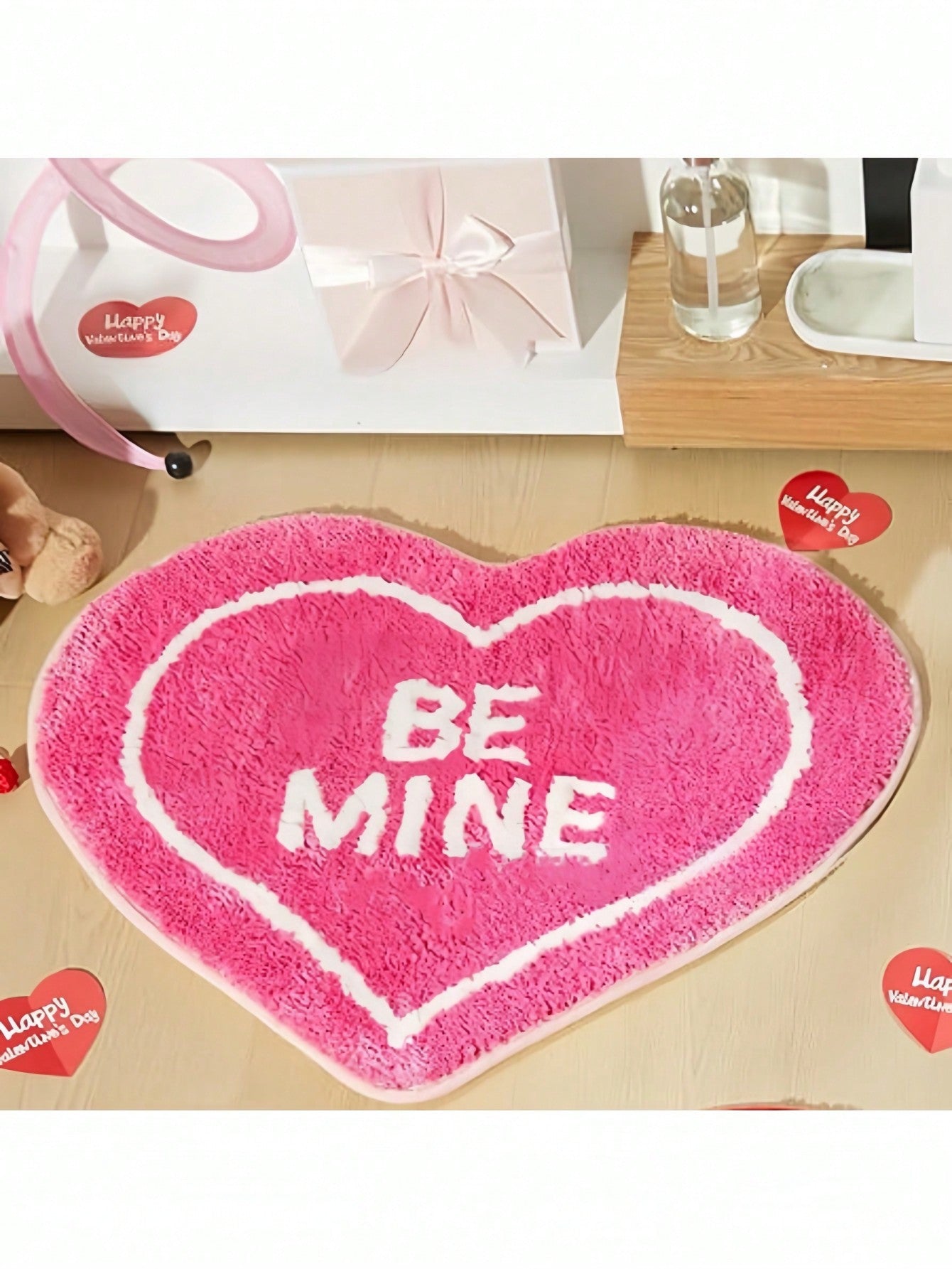 Hot pink heart-shaped plush pet mat cushion with non-slip bottom for cats and dogs