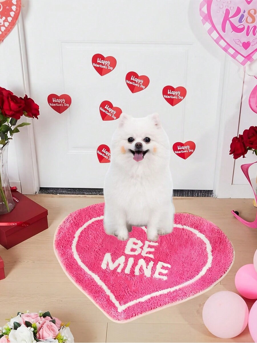 Hot pink heart-shaped plush pet mat cushion with non-slip bottom for cats and dogs