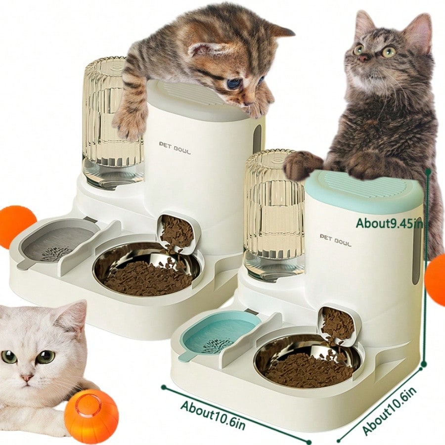 LocalTwo-In-One Automatic Cat Water Dispenser Set-Detachable, Washable, Automatic Feeding Station, Indoor Cat Food Bowl