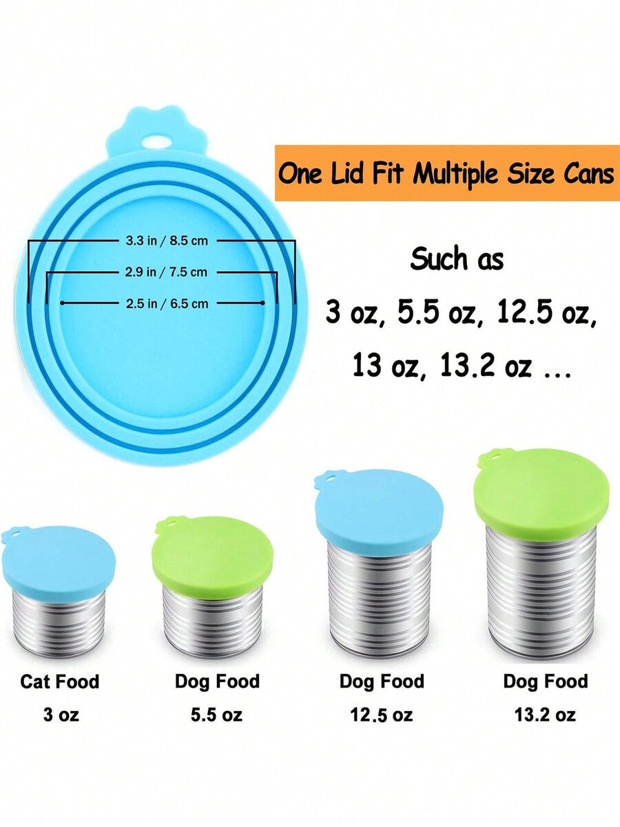 Multicolor 3-in-1 silicone pet food can lid with spoon for cat and dog food cans.