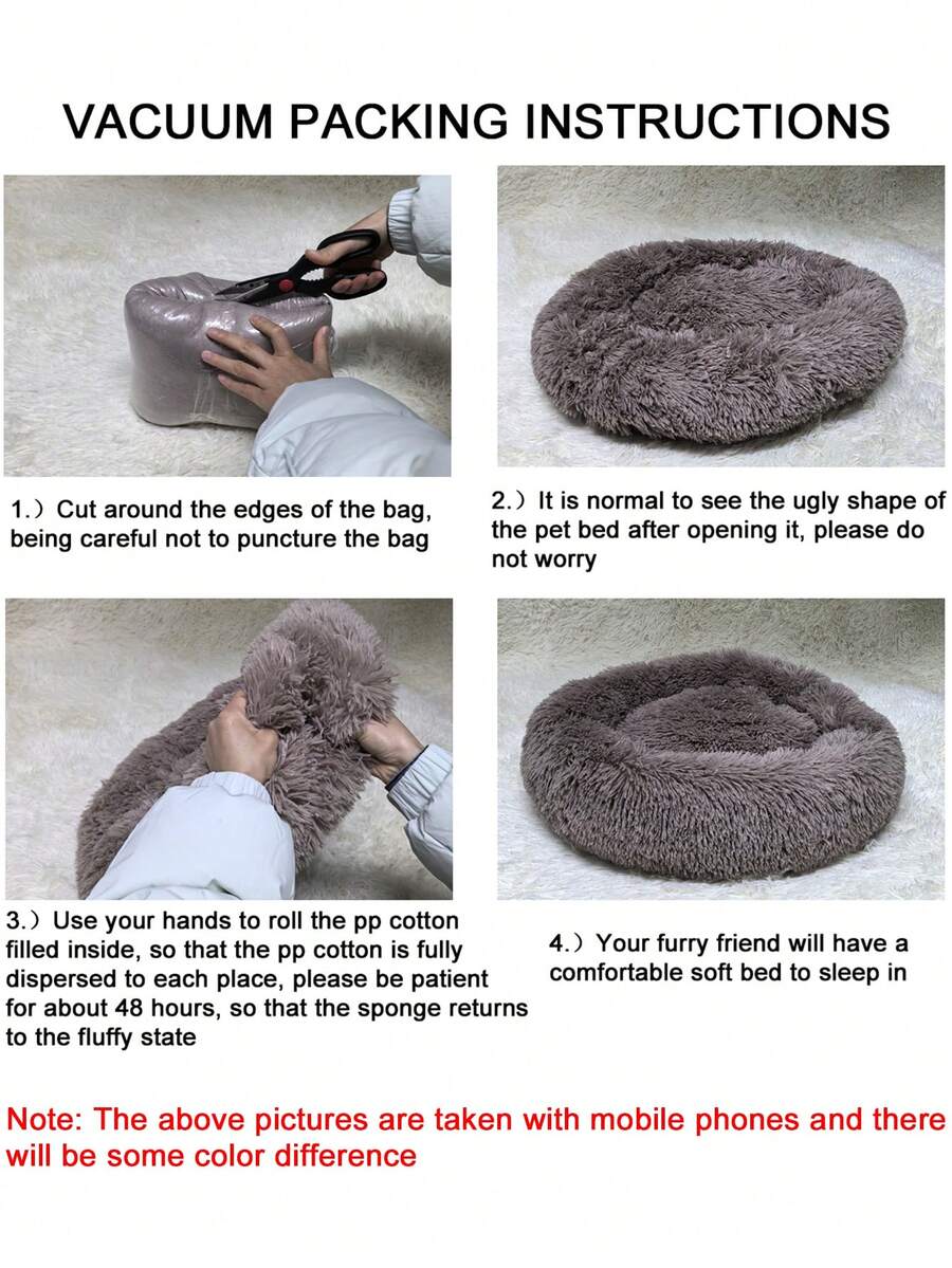 Khaki round plush pet bed for small to medium cats and dogs, soft machine washable non-detachable pet cushion.