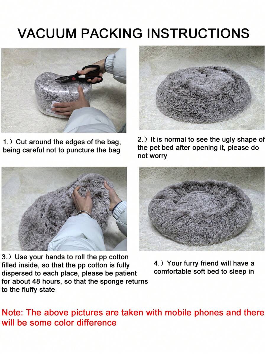 Champagne plush round pet bed for small and medium cats and dogs made from soft polyester material.