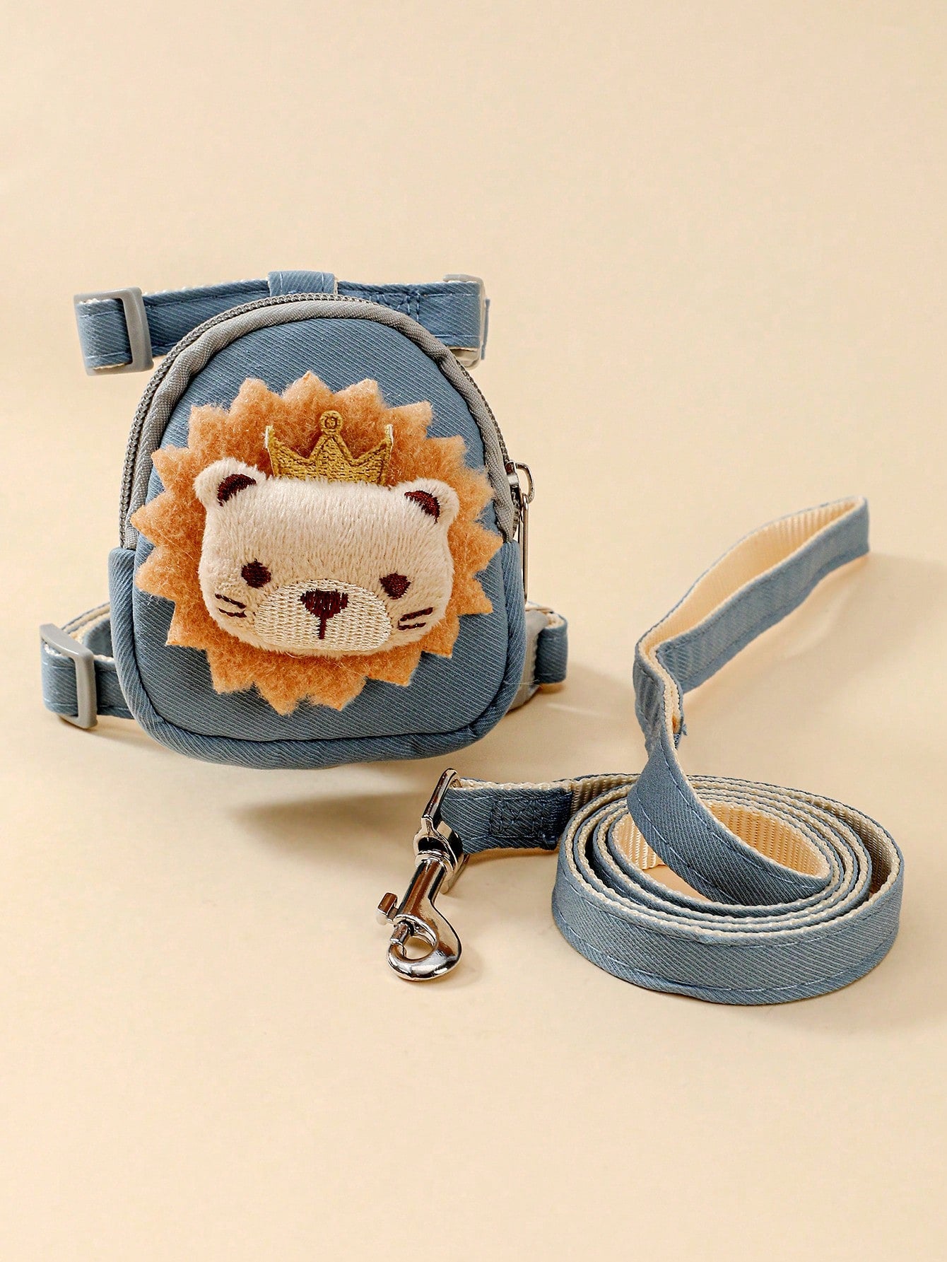 Multicolor plush lion decorative pet backpack harness and leash set for cats or small dogs with cartoon design and polyester collar material