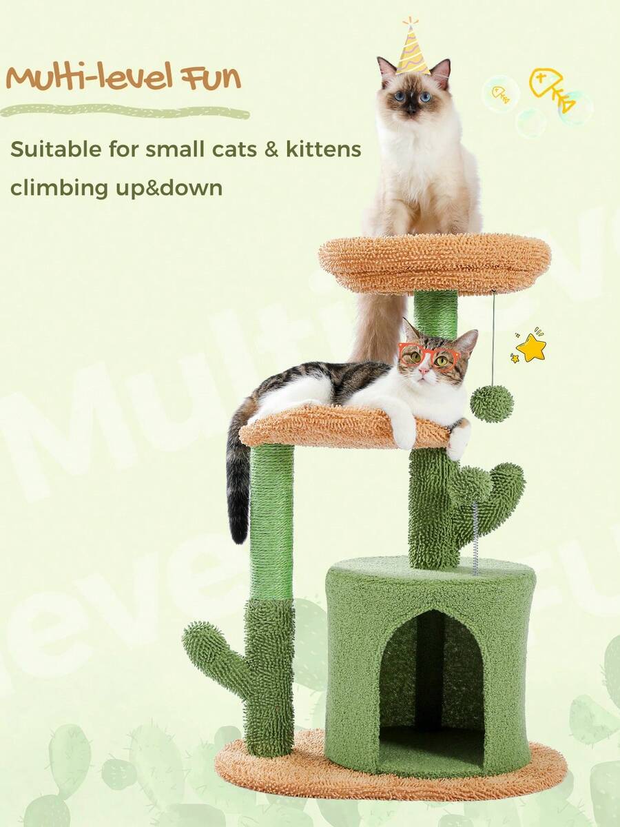 33-inch purple cat tree tower featuring a cozy cat condo, curved plush perch, natural sisal scratching post, and dangling toy ball for small cats.
