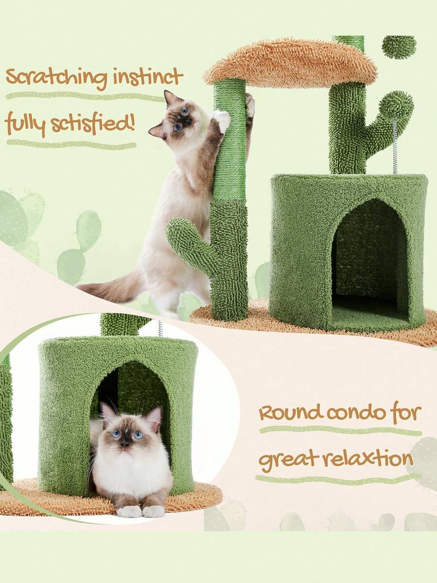 33-inch purple cat tree tower featuring a cozy cat condo, curved plush perch, natural sisal scratching post, and dangling toy ball for small cats.