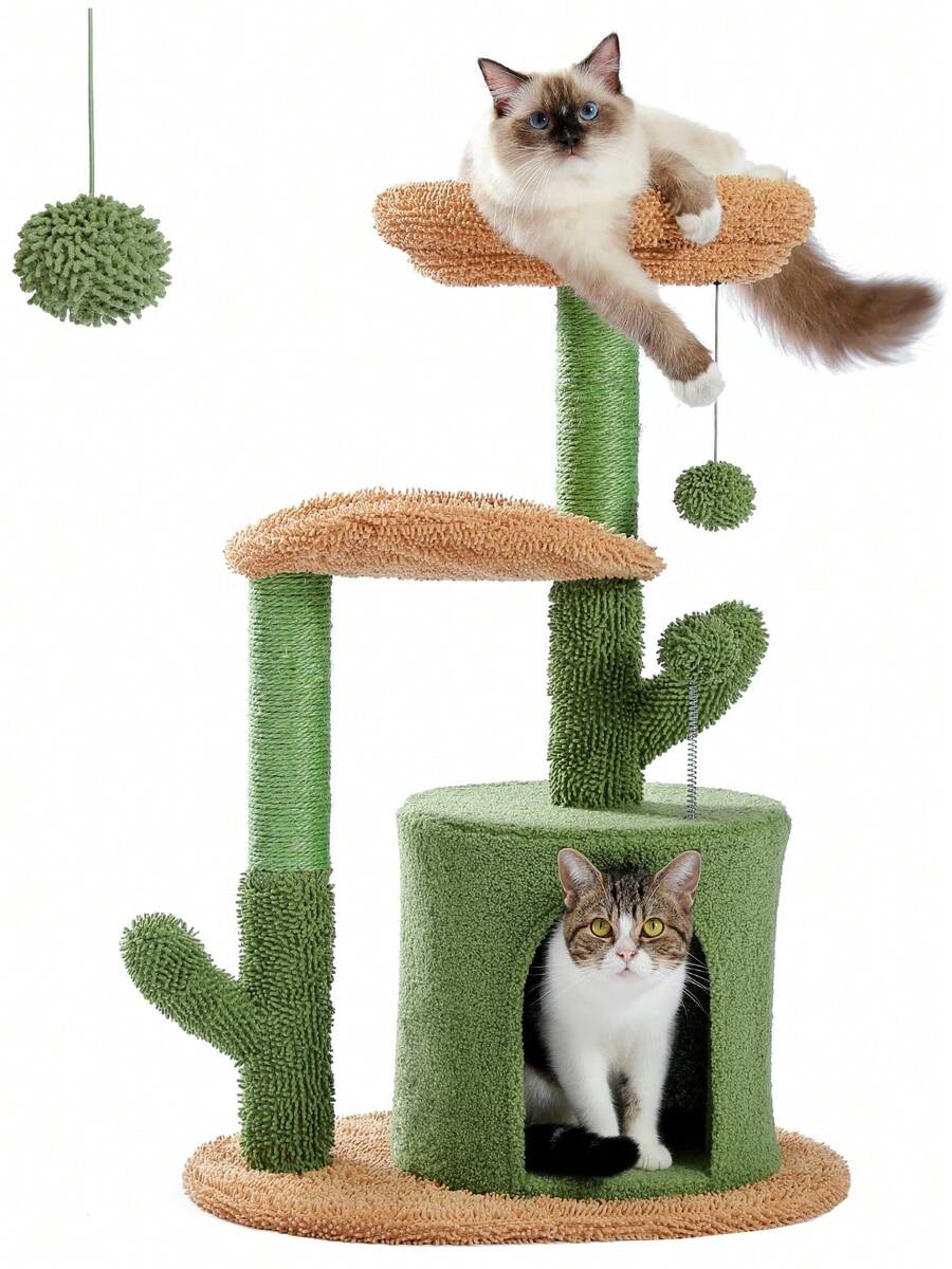 33-inch purple cat tree tower featuring a cozy cat condo, curved plush perch, natural sisal scratching post, and dangling toy ball for small cats.