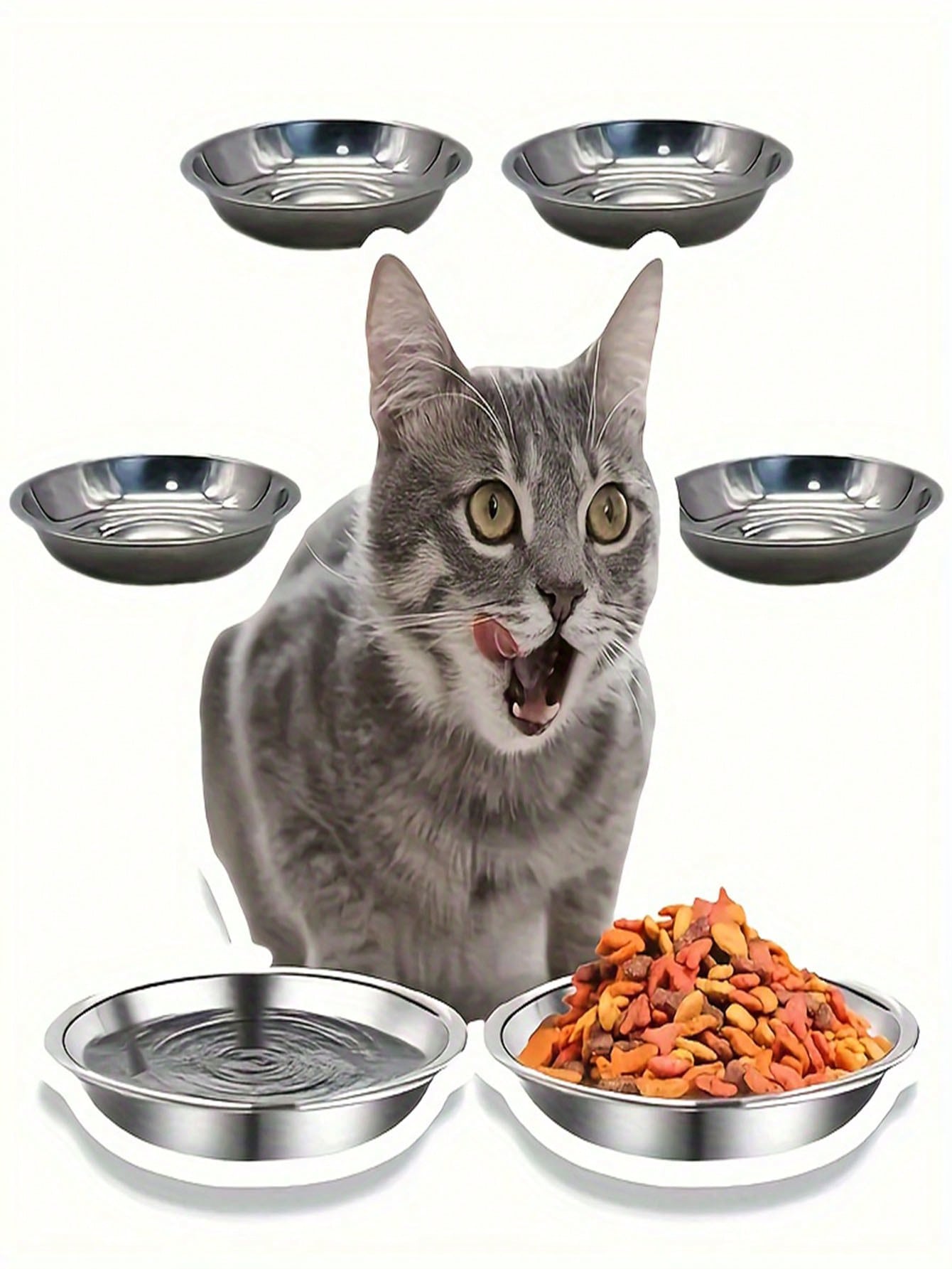 1/2/5PCS Stainless Steel Cat Bowl, 5.9 Inch Tub Pet Dish, Wide And Shallow Design Fits Cat Whiskers, Easy To Clean For Cats And Puppies, Large Diameter Pet Food And Water Bowl, Safe Dishwasher Safe Material.